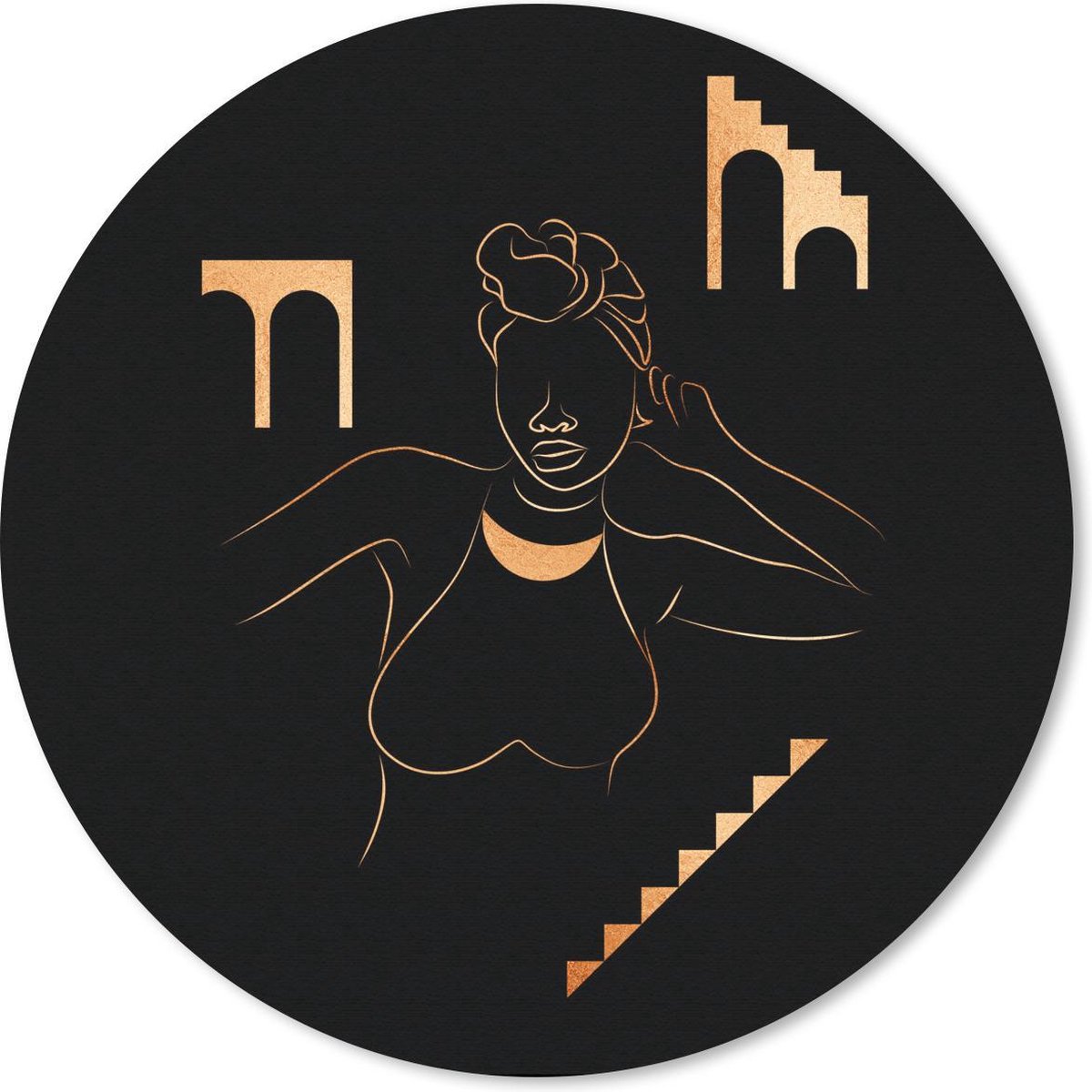 Muismat rond 20x20 cm - Mousepad Vrouw - Goud - Zwart - Line art - Ronde muismatten