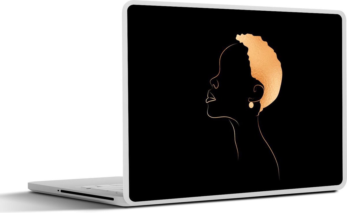 Laptop sticker - 15.6 inch - Vrouw - Line art - Black - Gold - 36x27,5cm - Laptopstickers - Laptop skin - Cover