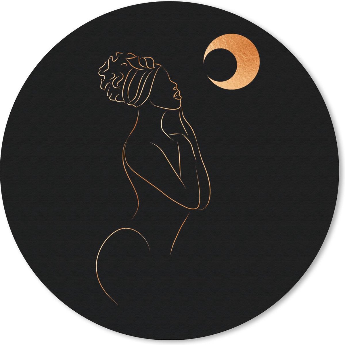 Muismat rond 20x20 cm - Mousepad Vrouw - Maan - Black and gold - Line art - Ronde muismatten