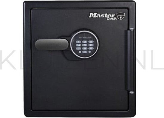 Zwarte Master Lock kluis met digitaal cijferslot en handvat, met tekst 'KILNL' watermerk.
