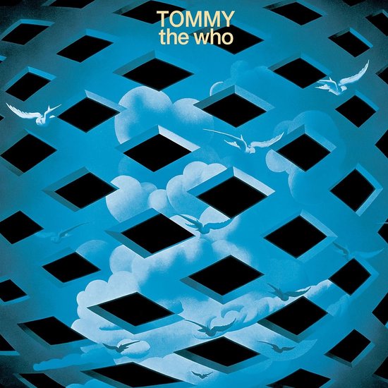 Albumcover van "Tommy" van The Who met een blauwe lucht vol wolken en zwarte ruitvormige openingen, met witte vogels die erdoorheen vliegen.
