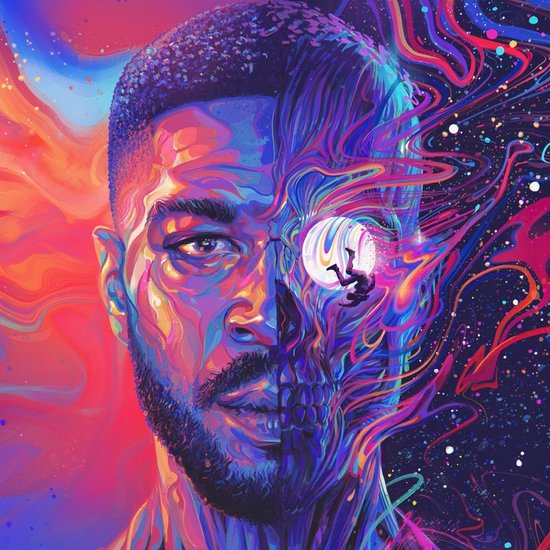 Image abstraite du visage de Kid Cudi, mi-réaliste, mi-squelette, avec des couleurs vives et des détails cosmiques.