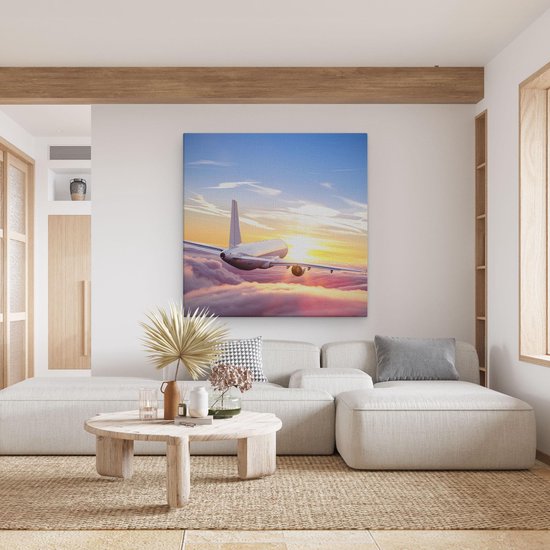 Artaza Peinture Sur Toile Avion Dans Les Nuages Au Coucher Du Soleil - 80x80 - Groot - Photo Sur Toile - Impression Sur Toile