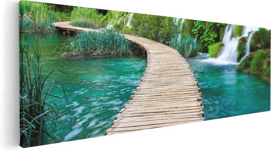 Artaza Canvas Schilderij Houten Pad Op Het Water Bij De Watervallen - 60x20 - Foto Op Canvas - Canvas Print