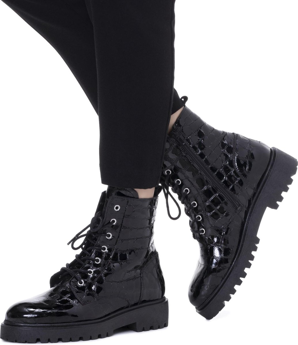 Lina Locchi Vrouwen Leren Croco Biker boots / Laarzen / Damesschoenen L1004  - Zwart - | bol.com