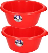 Set van 2x stuks kunststof teiltjes/afwasbakken rond 6 liter rood - Afmetingen 34 x 32 x 14 cm