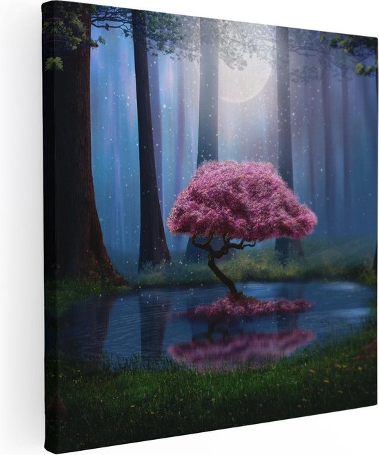 Artaza Canvas Schilderij Roze Boom Op Een Vijver In De Nacht - 30x30 - Klein - Foto Op Canvas - Canvas Print