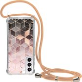 Casetastic Samsung Galaxy S21 4G/5G Hoesje met koord - Lanyard Case - Soft Pink Gradient Cubes Print