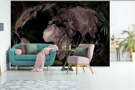 Carte du monde mauve avec motif marbré de forme 3D ovale avec feuilles tropicales 420x280 cm