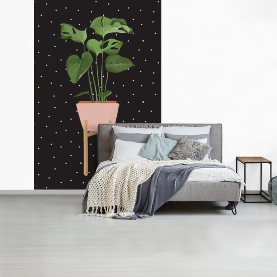 Illustration d'une plant Monstera sur fond noir à pois blancs 200x300 cm