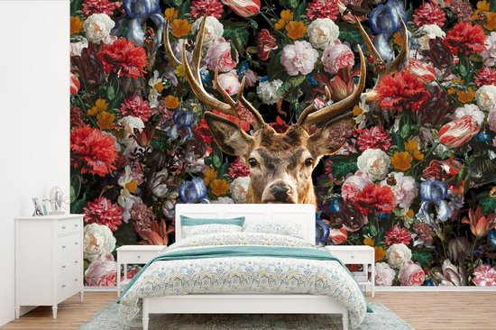 Papier peint - Papier peint photo Cerf - Bois - Fleurs - Largeur 420 cm x hauteur 280 cm
