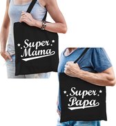 Super papa en Super mama tasje zwart - Cadeau boodschappentasjes set voor Papa en Mama - Moederdag en Vaderdag cadeautje