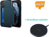 Kaarthouder Case Met Slide Geschikt Voor Apple Iphone 11 Pro Max - Donkerblauw Met Draadloze Oplader