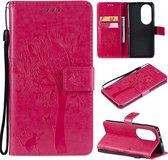 Voor Huawei P50 Pro Boom & Kat Patroon Geperst Afdrukken Horizontale Flip PU Lederen Case met Houder & Kaartsleuven & Portemonnee & Lanyard (Rose Red)