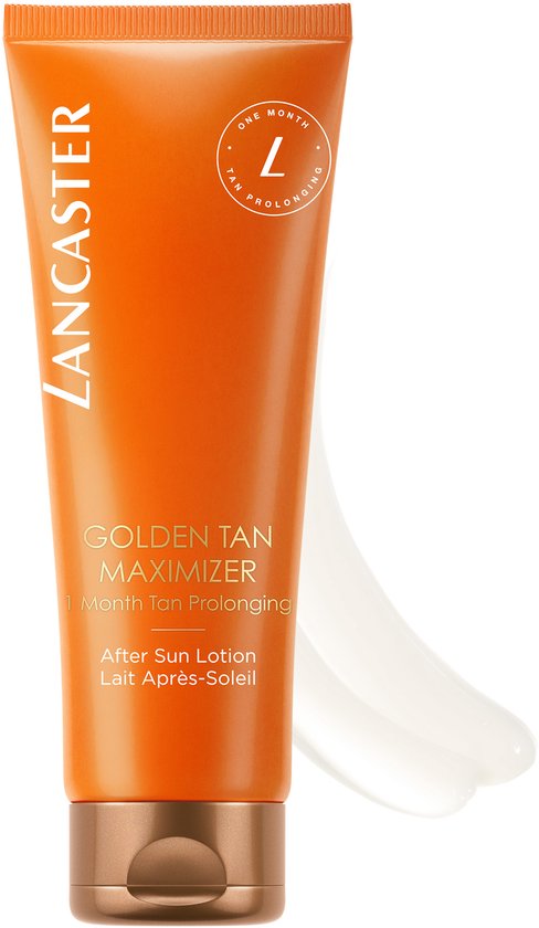 Oranje Lancaster tube "Golden Tan Maximizer" met een uitgesmeerde witte lotion ernaast.