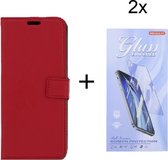 Bookcase Geschikt voor: Oppo A15 - Rood - portemonnee hoesje met 2 stuks Glas Screen protector