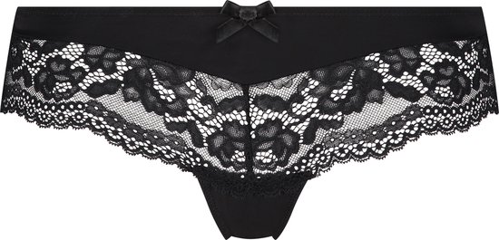 Bas de bikini brésilien noir avec application en dentelle et petit nœud sur la ceinture.