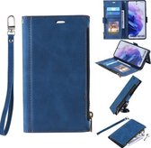 Voor Samsung Galaxy S21 + 5G Side Zipper Back Card Horizontale Flip PU Leather Case met Kaartsleuven & Portemonnee & Fotolijst & Lanyard (Blauw)