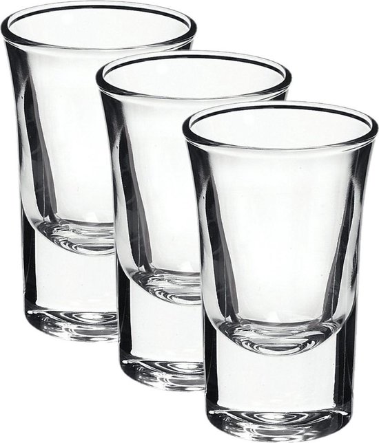 Drie Bormioli Rocco borrelglazen van helder glas, 57 ml.
