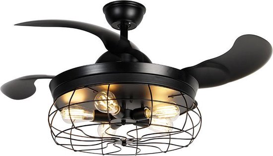 QAZQA gaiola - Plafondventilator met Verlichting | Lamp en Afstandsbediening - 5 lichts - Ø 106.7 cm - Zwart - Industrieel - Woonkamer | Slaapkamer | Keuken