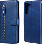 Voor Samsung Galaxy S21 FE Mode Kalf Textuur Rits Horizontale Flip Lederen Case met Houder & Kaartsleuven & Portemonnee (Blauw)