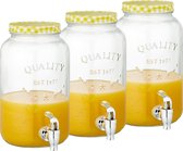 Set van 3x stuks glazen drankdispensers/limonadetap met geel/wit geblokte dop 3,5 liter - Tapkraantje