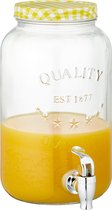 Glazen drankdispenser/limonadetap met geel/wit geblokte dop 3,5 liter - Tapkraantje