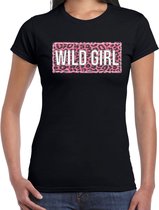 Wild girl fun t-shirt met panterprint - zwart - dames - fout fun tekst shirt / outfit / kleding XS