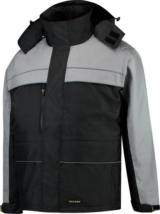 Zwarte en lichtgrijze Tricorp werkparka met reflecterende strepen op de borst, taille en mouwen. Met capuchon en ritssluiting.