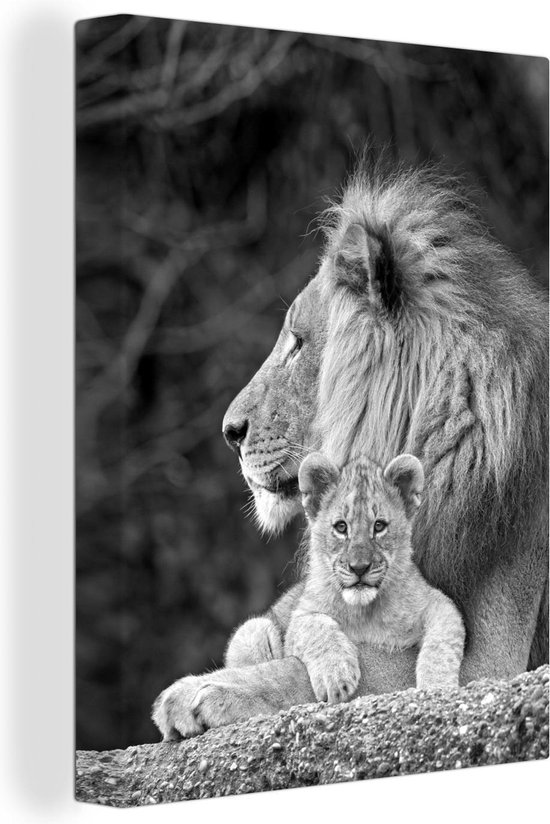 Tableau sur toile Lion adulte avec son petit noir et blanc