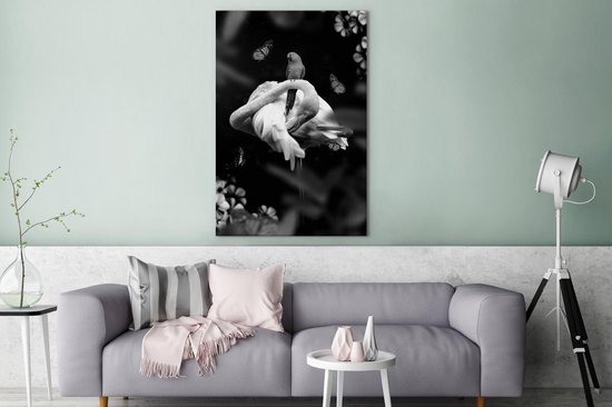 Tableau sur toile Flamingo avec papillons dans la jungle - noir et blanc - 80x120 cm - Décoration murale