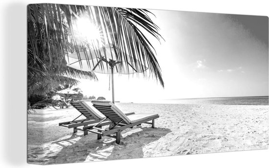 Canvas Schilderij De zon schijnt op het tropische strand - zwart wit - 40x20 cm - Wanddecoratie