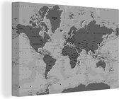 Canvas Wereldkaart - 90x60 - Wanddecoratie Stoere wereldkaart - zwart wit