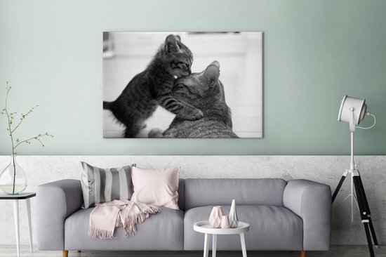 Tableau sur toile Chat c lin avec chaton noir et blanc 120x80