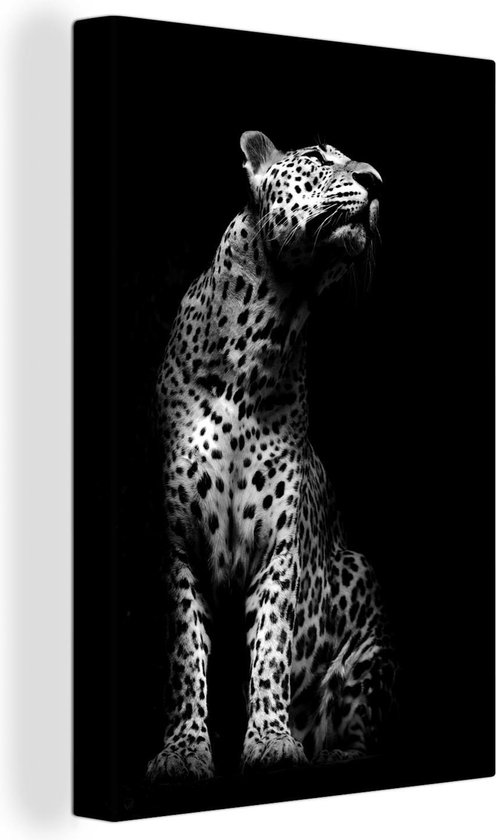 Canvas schilderij 90x140 cm - Wanddecoratie Portret van een luipaard tegen een donkere achtergrond - zwart wit - Muurdecoratie woonkamer - Slaapkamer decoratie - Kamer accessoires - Schilderijen