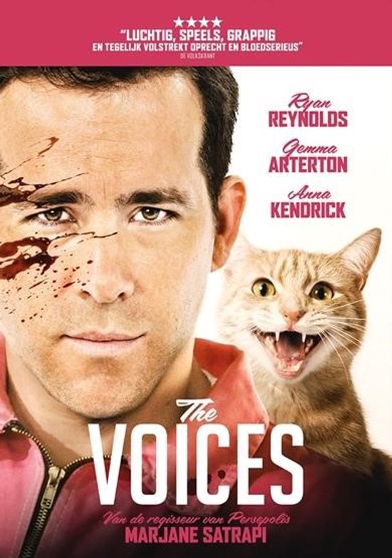 Ryan Reynolds met bloed op zijn gezicht, naast een kat met open bek. De filmtitel 'The Voices' staat groot in beeld.