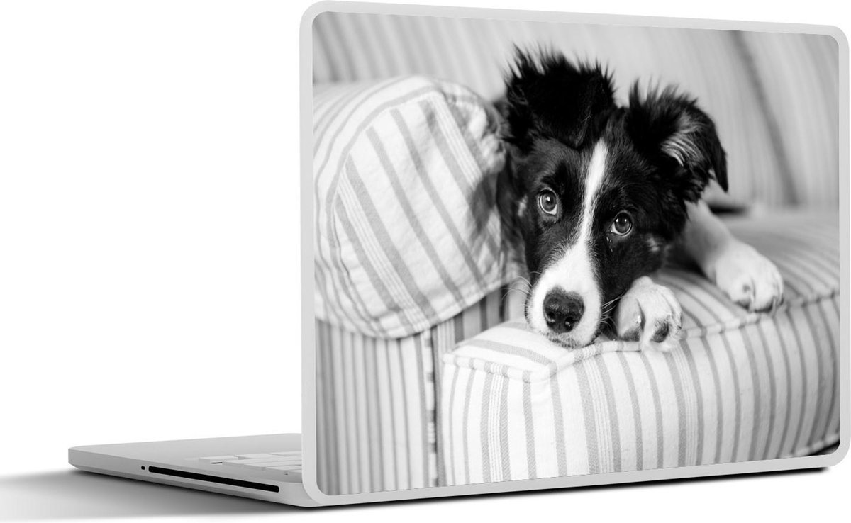 Afbeelding van product SleevesAndCases  Laptop sticker - 14 inch - Puppy liggend op een gestreepte bank