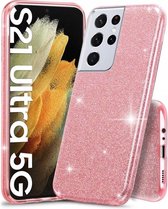 Samsung Galaxy S21 Ultra Hoesje Glitters Siliconen TPU Case roze - BlingBling Cover