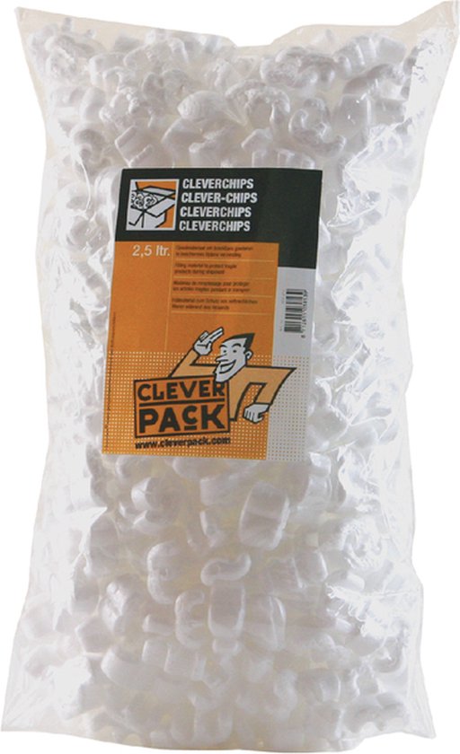 Een zak met witte opvulchips van Cleverpack met een etiket waarop '2,5 ltr.' staat.