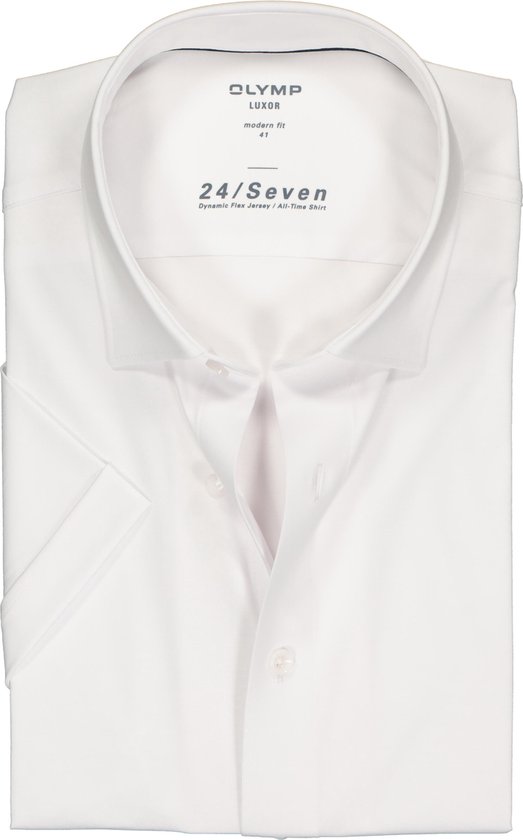 OLYMP Luxor 24/Seven modern fit overhemd - korte mouw - wit tricot - Strijkvriendelijk - Boordmaat: 40
