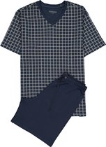 SCHIESSER heren shortama - V-hals - blauw met wit geruit - Maat: S