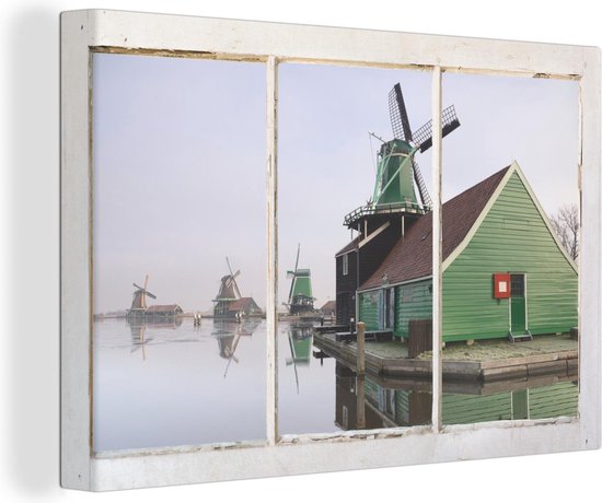 Canvas Schilderij Doorkijk - Molen - Water - 60x40 cm - Wanddecoratie