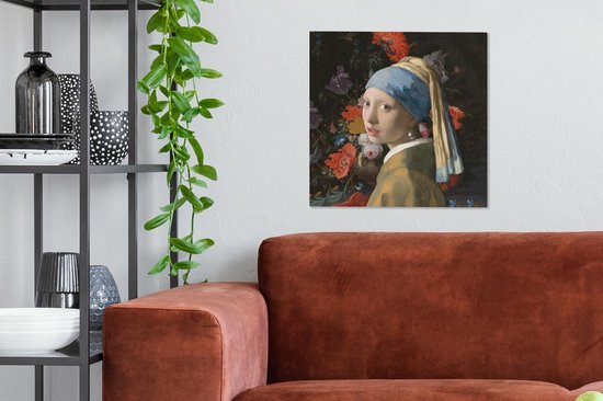 Canvas schilderij 50x50 cm - Wanddecoratie Meisje met de parel - Vermeer - Bloemen - Muurdecoratie woonkamer - Slaapkamer decoratie - Kamer accessoires - Schilderijen op canvas