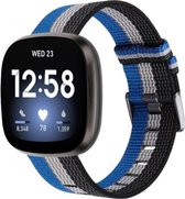 Strap-it® Fitbit Sense geweven nylon gesp band - zwart-wit-blauw