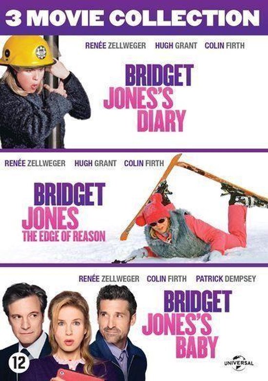 Bridget Jones 3-filmcollectie: Renée Zellweger in geel helm, vallend op ski's, met Colin Firth & Patrick Dempsey.
