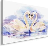 schilderij - Verliefde zwanen (print op canvas), 4 maten, blauw/wit, wanddecoratie