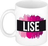 Lise naam cadeau mok / beker met roze verfstrepen - Cadeau collega/ moederdag/ verjaardag of als persoonlijke mok werknemers