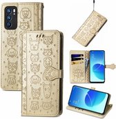 Voor OPPO Reno6 5G Leuke Kat en Hond Reliëf Horizontale Flip Lederen Case met Houder & Kaartsleuven & Portemonnee & Lanyard (Goud)