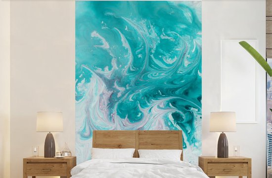 Papier peint - Papier peint photo Aquarelle - Peinture à l'huile - Turquoise - Wit - Largeur 180 cm x Hauteur 280 cm