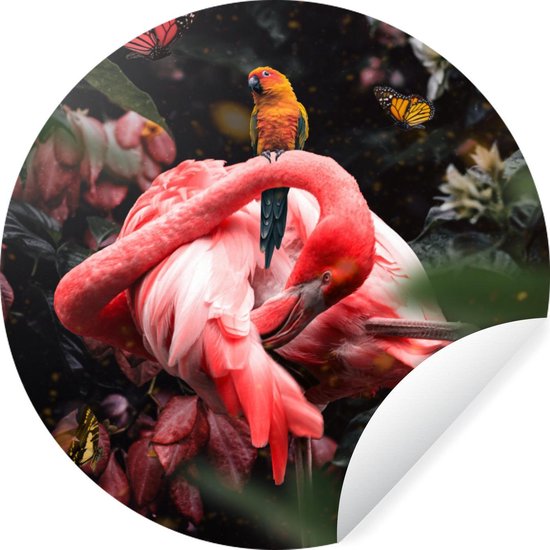 Papier Peint Cercle - Flamingo Rose - Papillons - Jungle - 140x140 cm - Cercle Mural - Auto Adhésif - Autocollant Papier Peint Rond